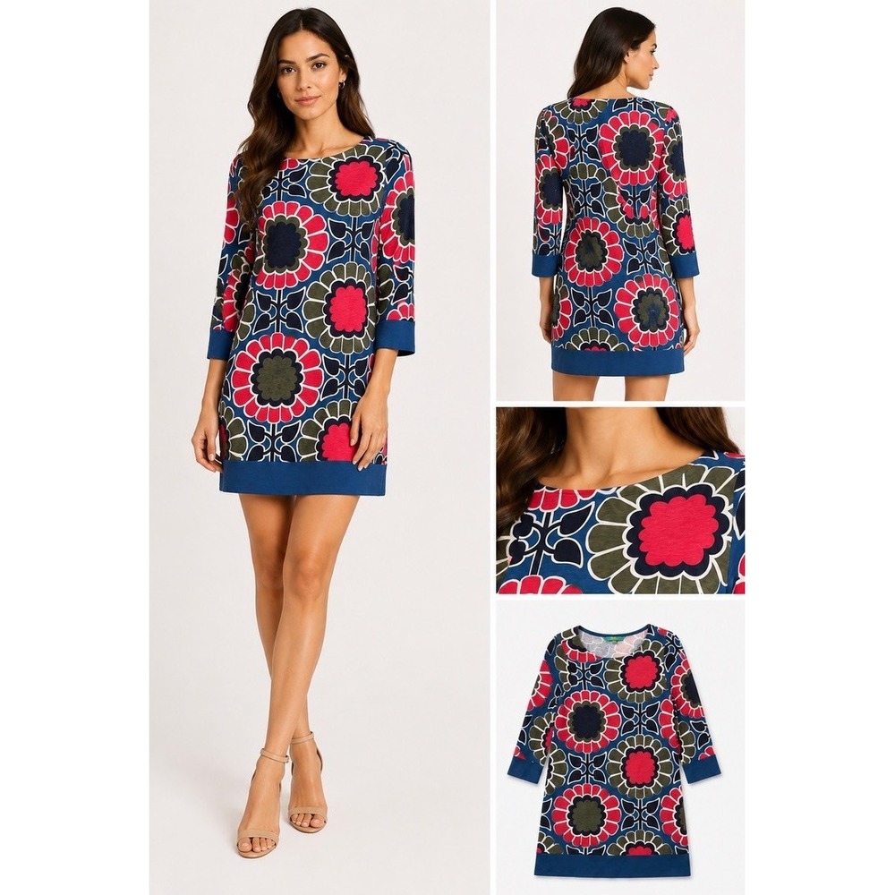Boden Womens US 2 UK 6 Blue Red Floral Jersey Tunic Dress 3/4 Sleeve Retro Mod
